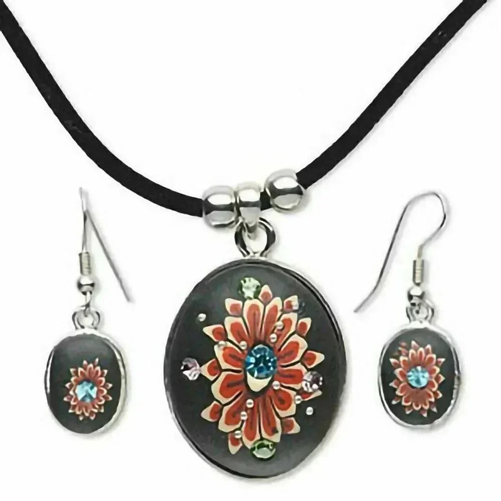 Black Red Polymer Clay Flowers Silver Black Velvet Necklace Earrings Set